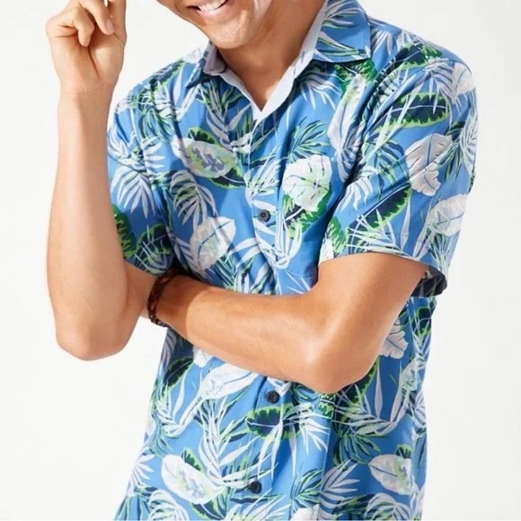 Tommy Bahama Med Button Down Silk Blue Palm Leaf Camp Shirt Men Short Sleeve - Picture 8 of 8